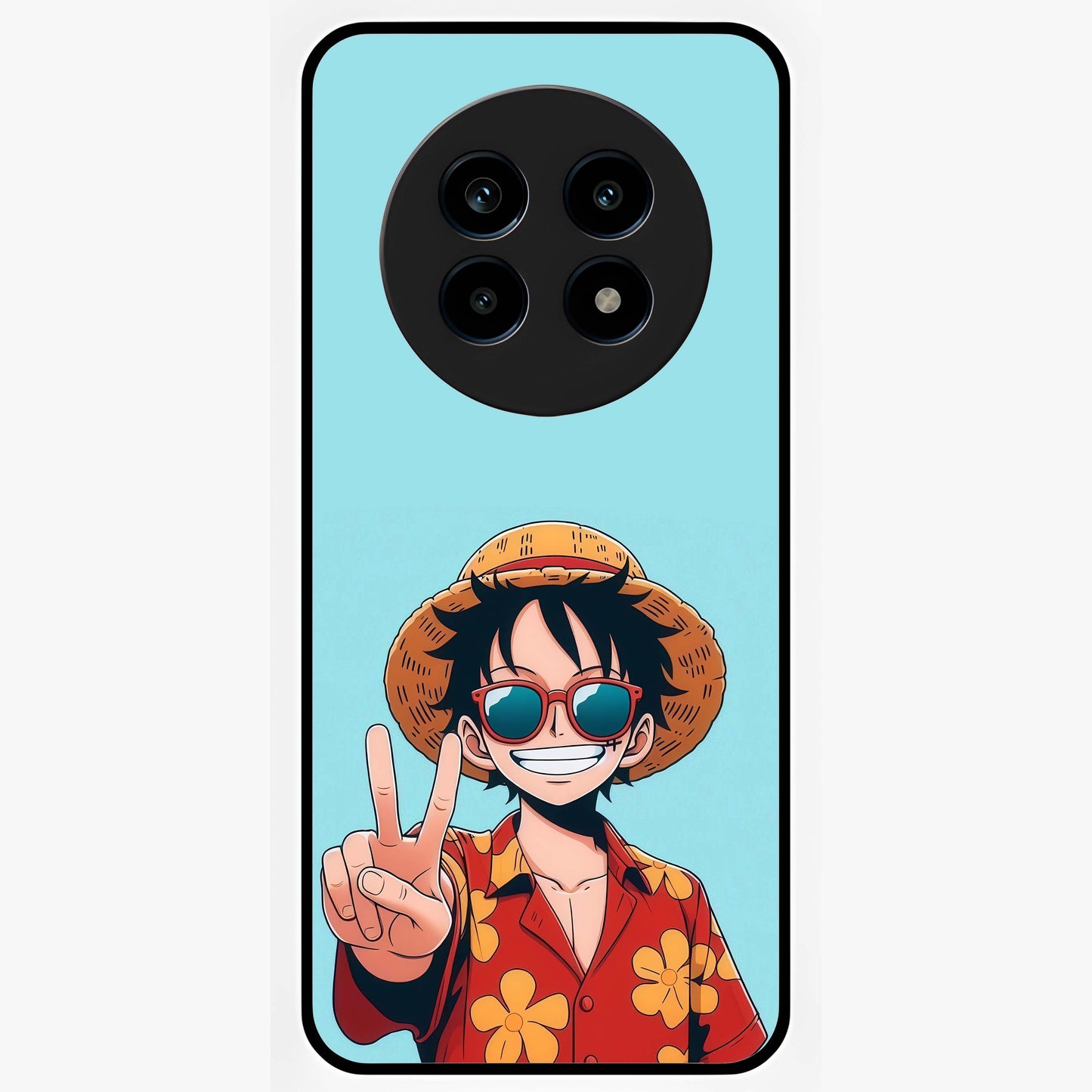 Luffy Summer Anime Vibe Glass Case showing flat back view with vibrant anime character artwork and glossy glass finish.