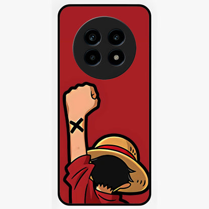 Luffy X Spirit Glass Case showing flat back view with bold anime character artwork and glossy glass finish.