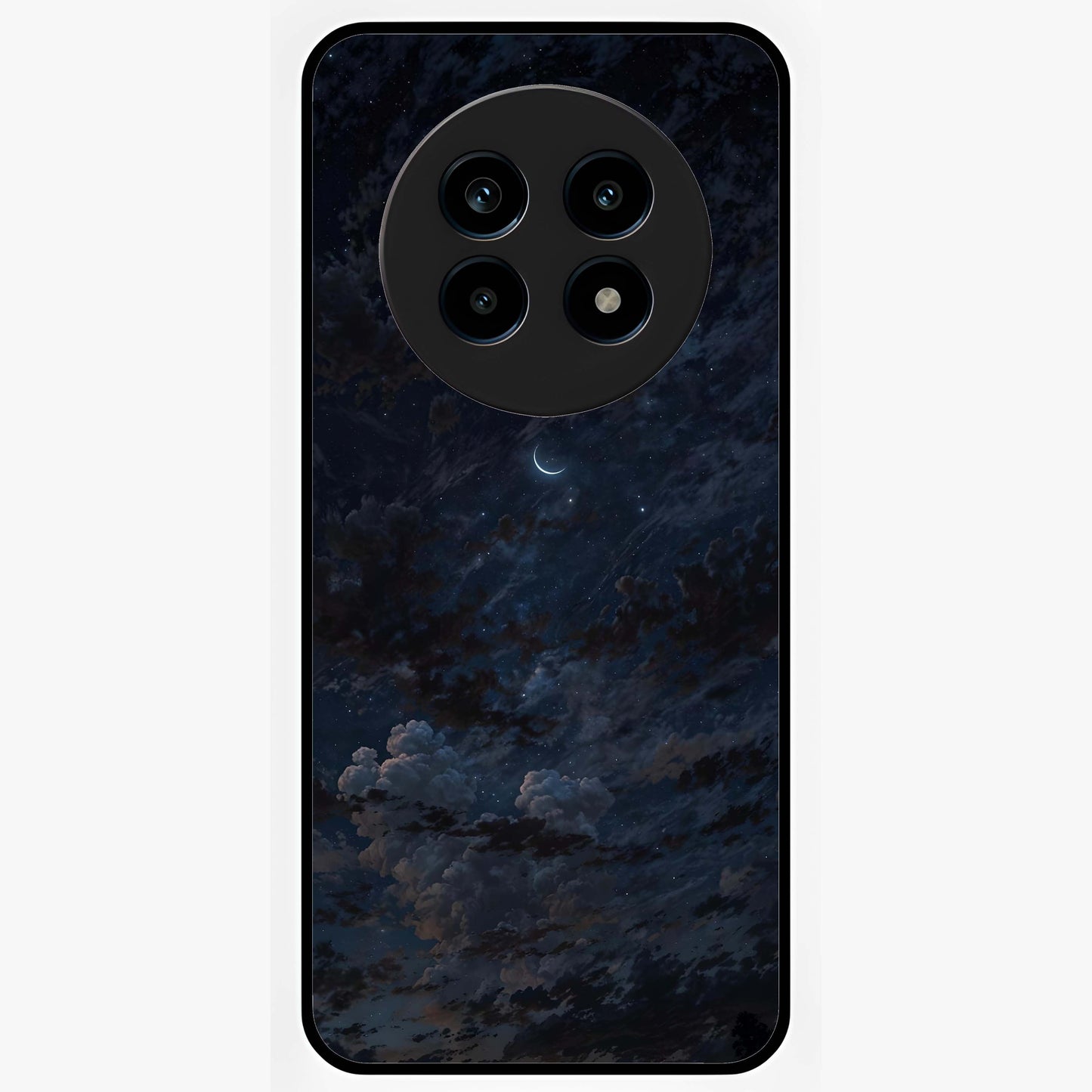 Lunar Veil Silence Glass Case showing flat back view with mystical moon veil artwork and glossy glass finish.