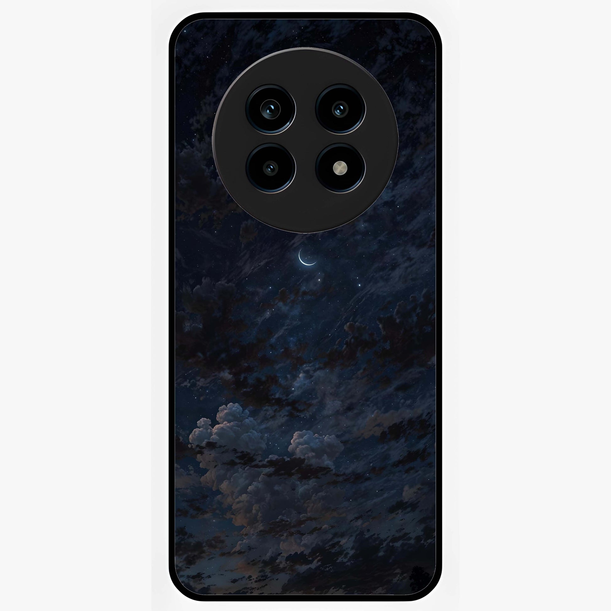Lunar Veil Silence Glass Case showing flat back view with mystical moon veil artwork and glossy glass finish.