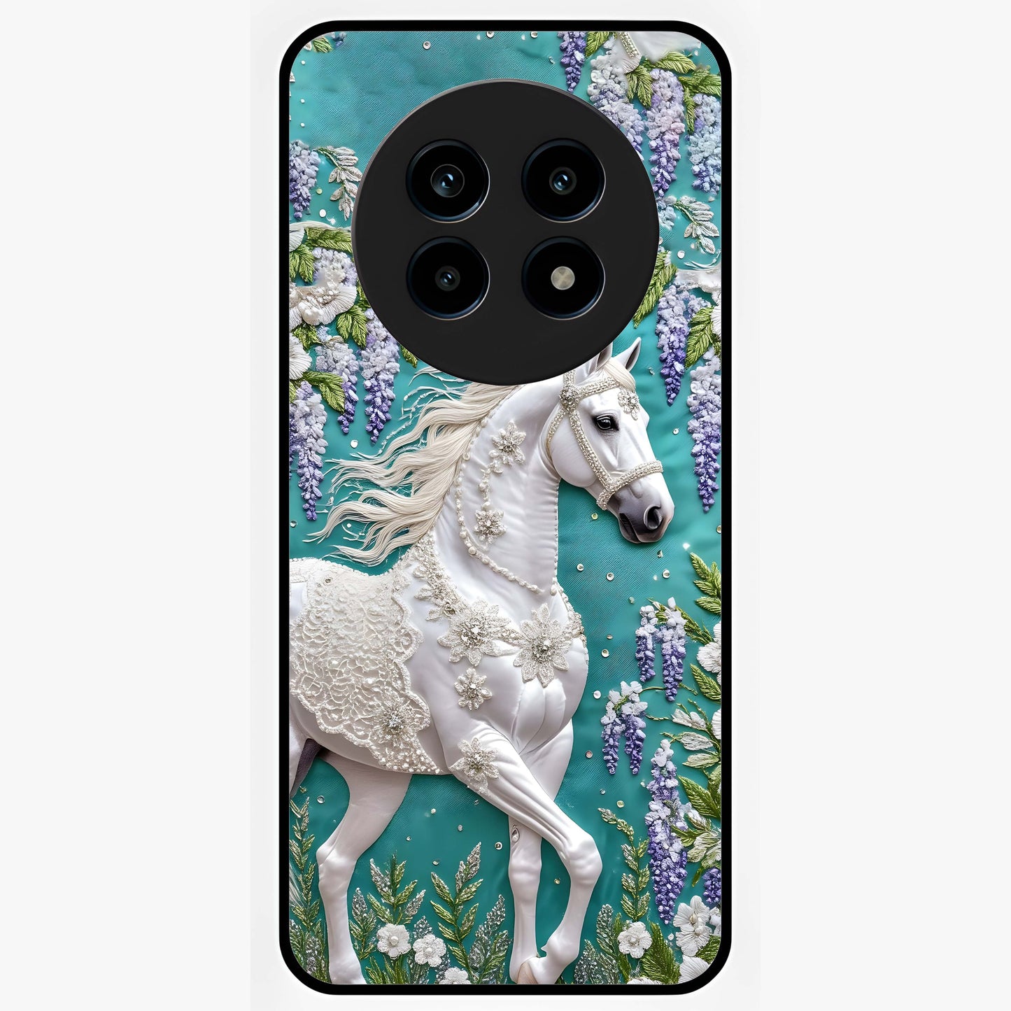 Majestic Floral Stallion Glass Case showing flat back view with powerful horse and floral artwork and glossy glass finish.