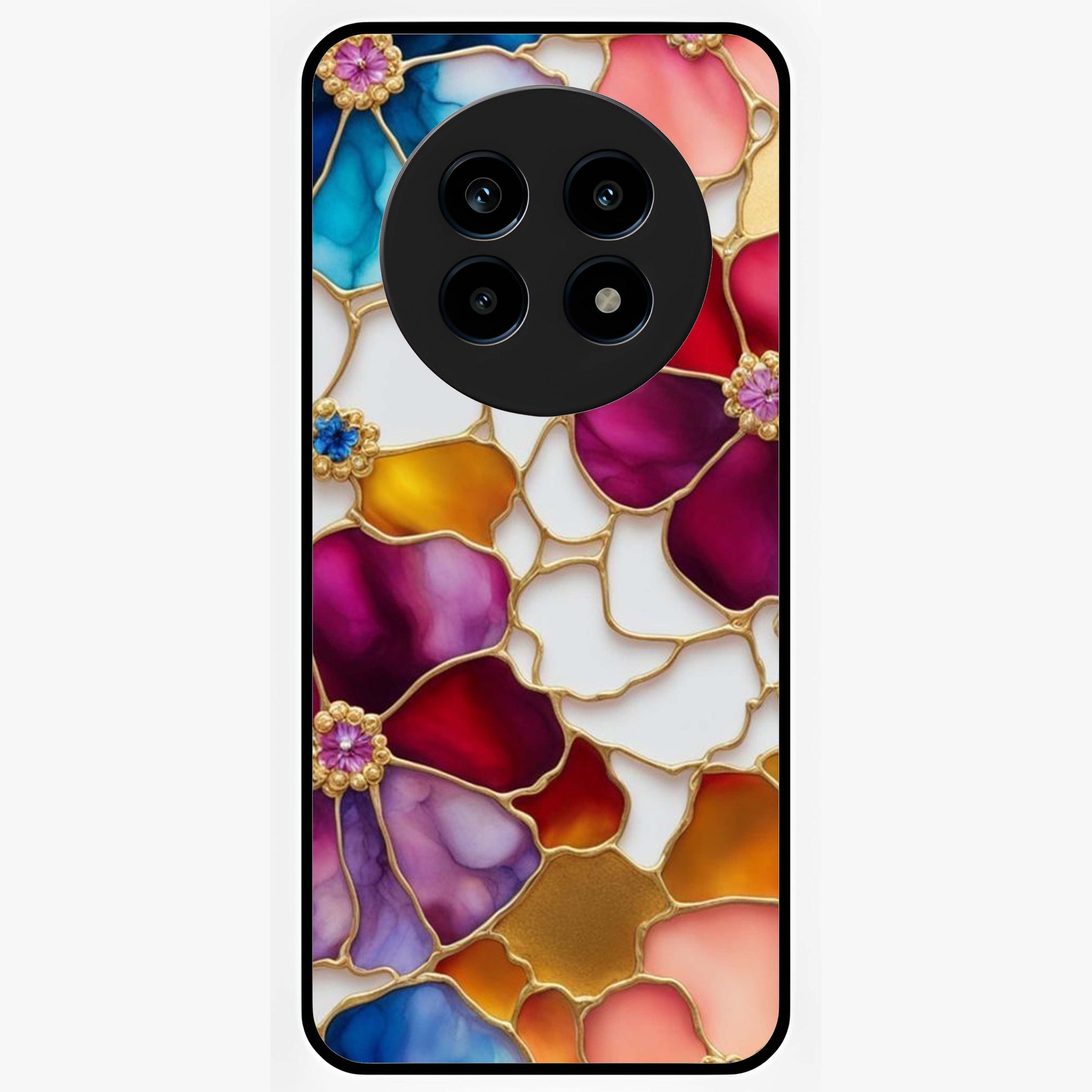 Marble Flower Pattern Glass Case showing flat back view with marble texture floral artwork and glossy glass finish.