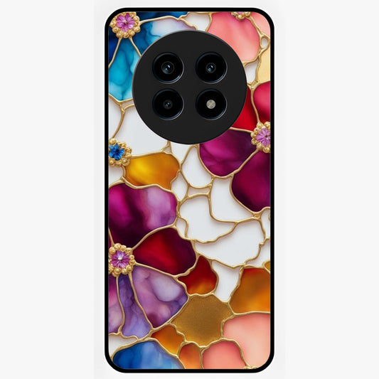 Marble Flower Pattern Glass Case showing flat back view with marble texture floral artwork and glossy glass finish.