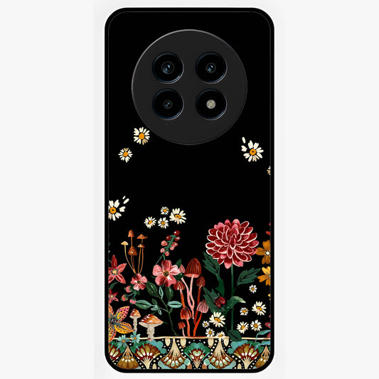 Midnight Bloom Pattern Glass Case showing flat back view with dark floral pattern artwork and glossy glass finish.