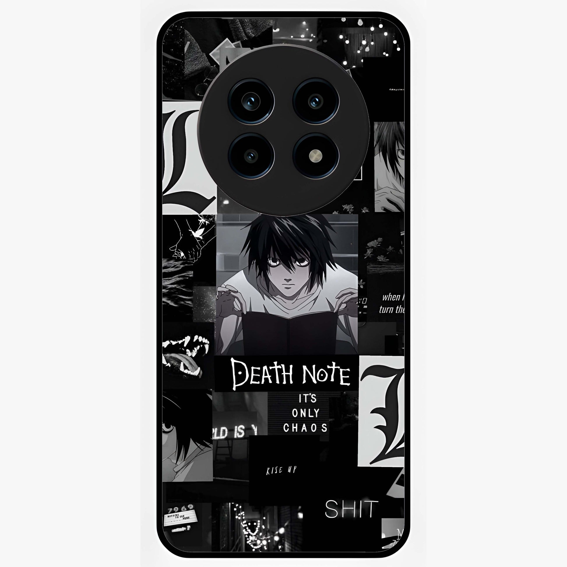 Midnight Chaos Mind Glass Case showing flat back view with abstract dark themed artwork and glossy glass finish.