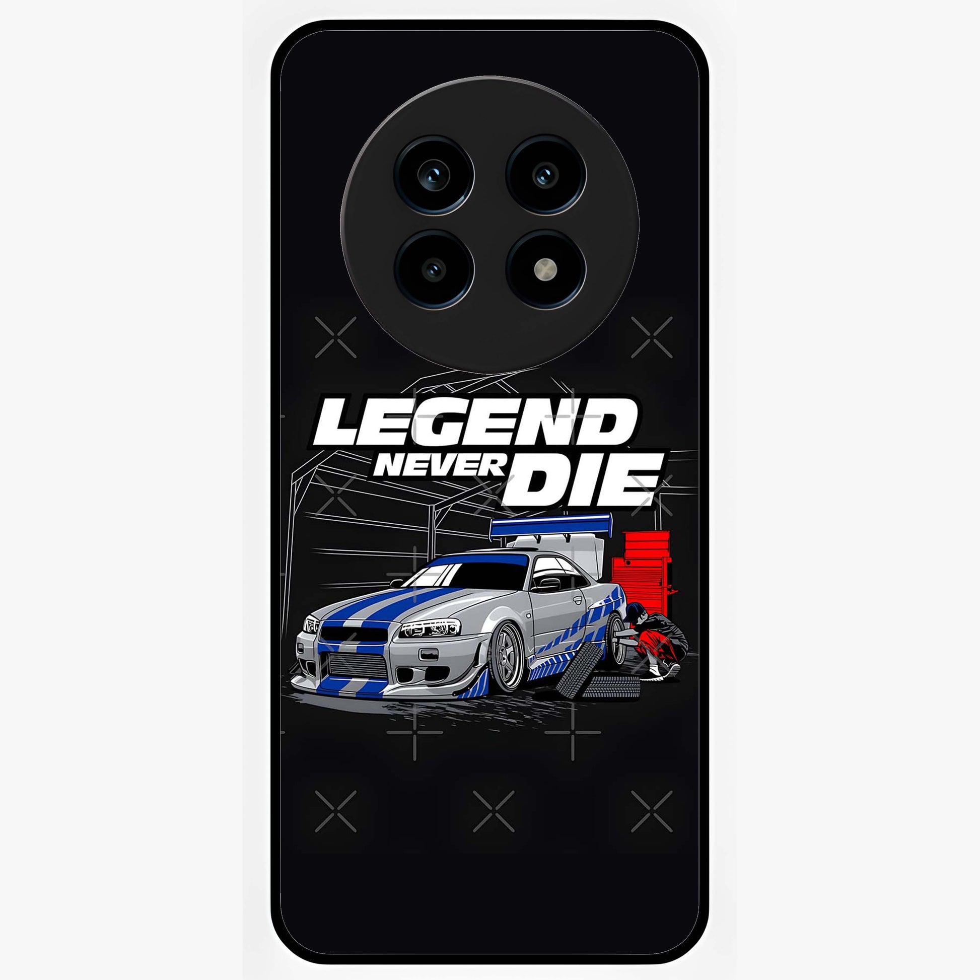 Midnight Racing Legacy Glass Case showing flat back view with sleek racing inspired artwork and glossy glass finish.