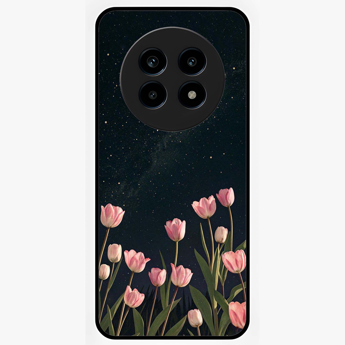 Midnight Tulip Whispers Vibe Glass Case showing flat back view with elegant tulip flower artwork and glossy glass finish.