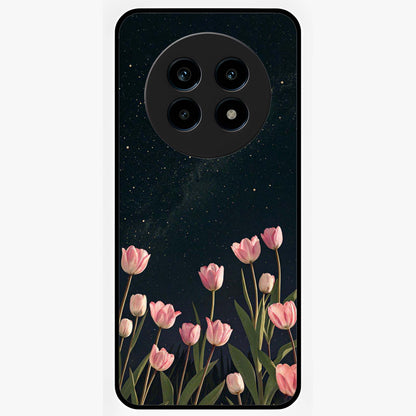 Midnight Tulip Whispers Vibe Glass Case showing flat back view with elegant tulip flower artwork and glossy glass finish.