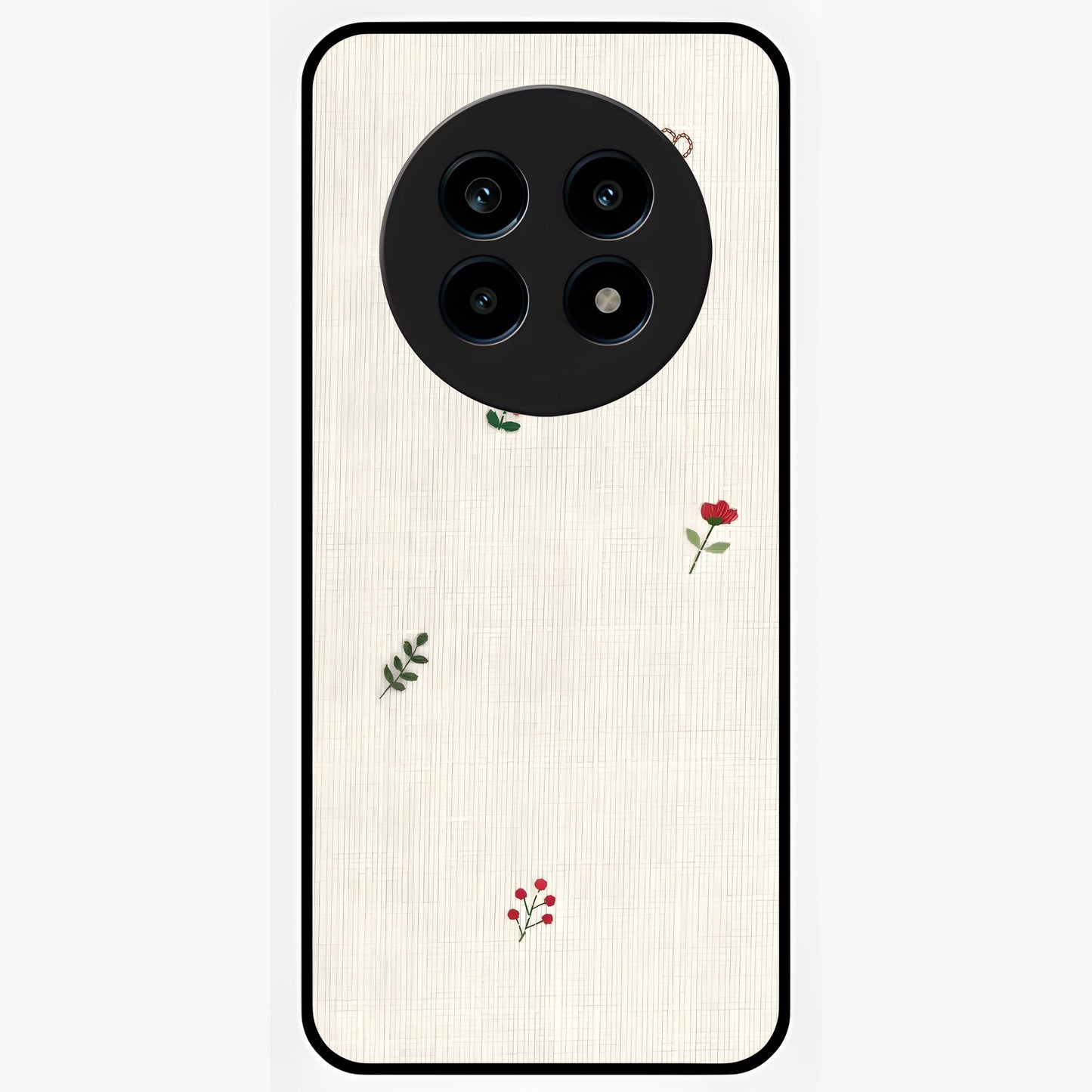 Minimal Petal Whispers Glass Case showing flat back view with soft minimal floral artwork and glossy glass finish.