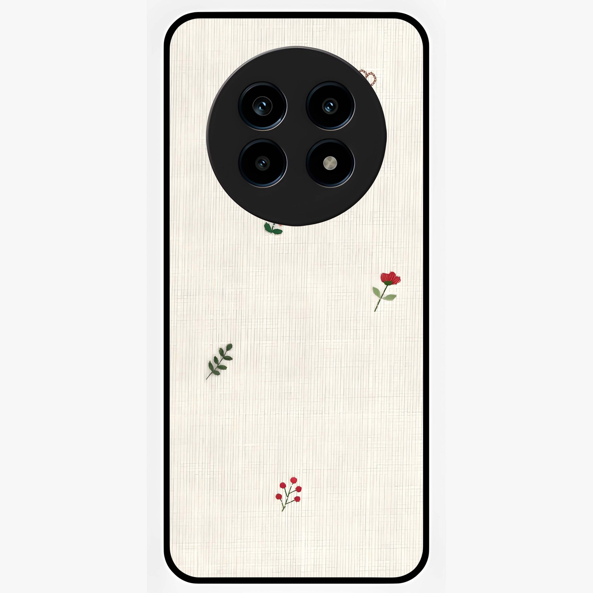 Minimal Petal Whispers Glass Case showing flat back view with soft minimal floral artwork and glossy glass finish.