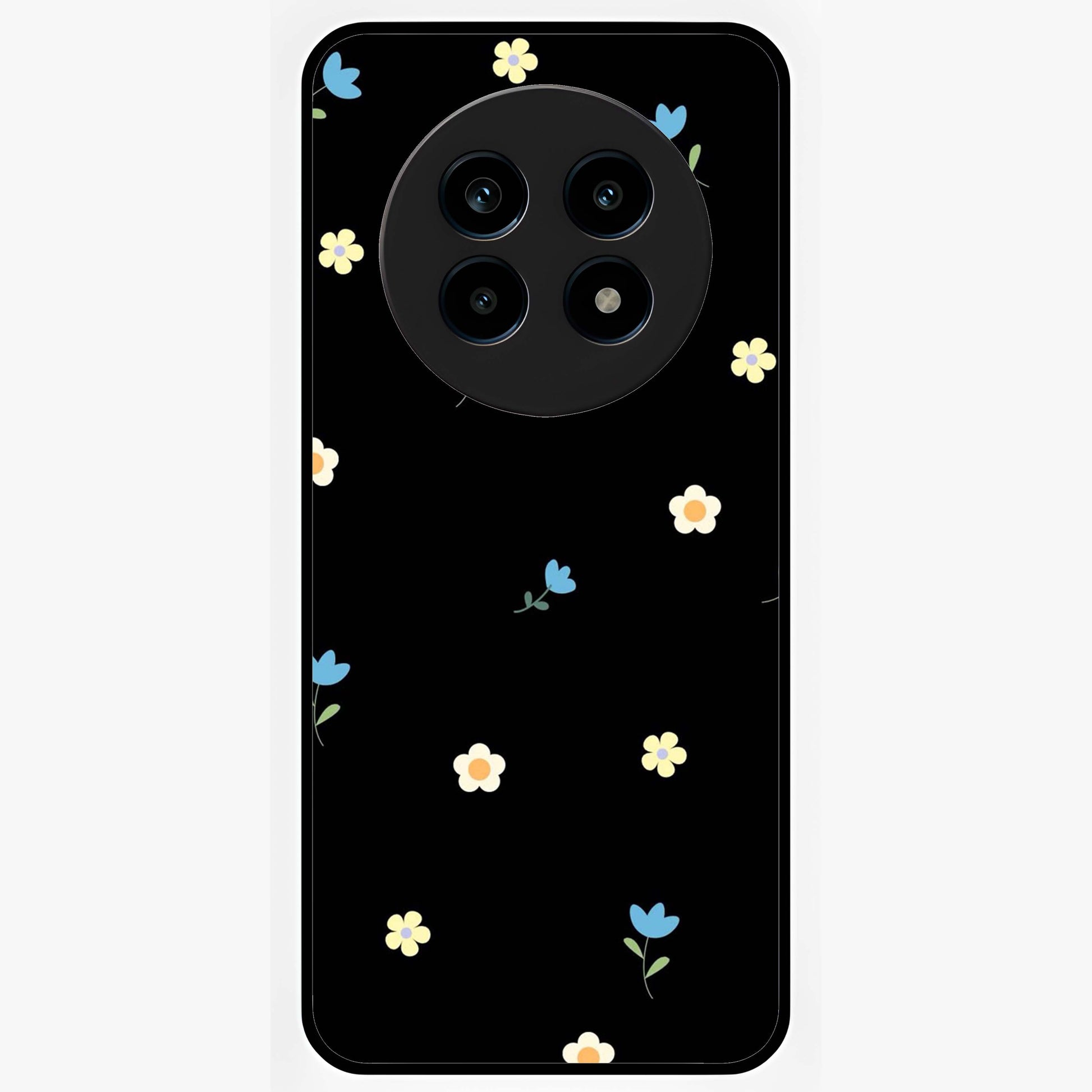 Minimalistic Blue With White Flower Pattern Glass Case showing flat back view with blue background and white flower pattern and glossy glass finish.