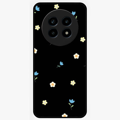 Minimalistic Blue With White Flower Pattern Glass Case showing flat back view with blue background and white flower pattern and glossy glass finish.