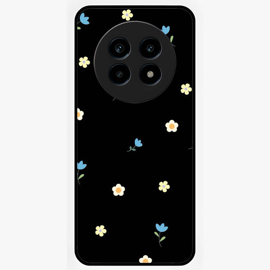 Minimalistic Blue With White Flower Pattern Glass Case showing flat back view with blue background and white flower pattern and glossy glass finish.