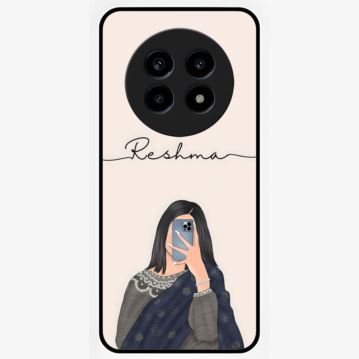 Mirror Mood Muse With Custom Name Glass Case showing flat back view with stylish mirrored artwork and personalized name design.