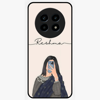 Mirror Mood Muse With Custom Name Glass Case showing flat back view with stylish mirrored artwork and personalized name design.