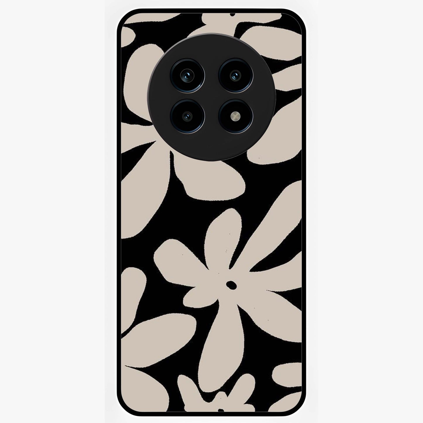 Monochrome Petal Dance Glass Case showing flat back view with monochrome floral artwork and glossy glass finish.