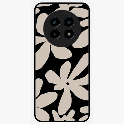 Monochrome Petal Dance Glass Case showing flat back view with monochrome floral artwork and glossy glass finish.