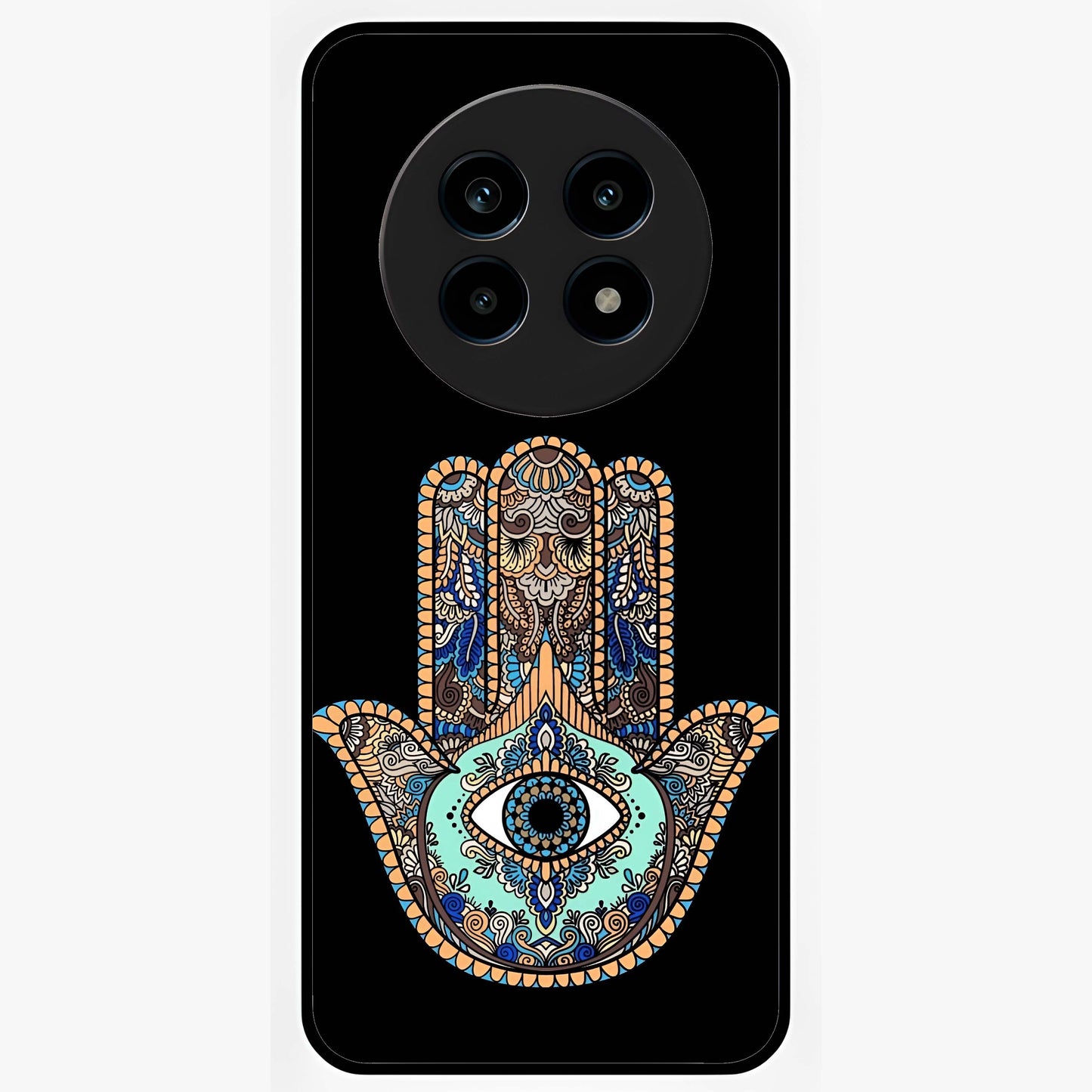 Mystic Hamsa Eye Glass Case showing flat back view with protective hamsa hand and evil eye artwork and glossy glass finish.