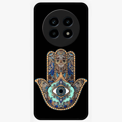 Mystic Hamsa Eye Glass Case showing flat back view with protective hamsa hand and evil eye artwork and glossy glass finish.