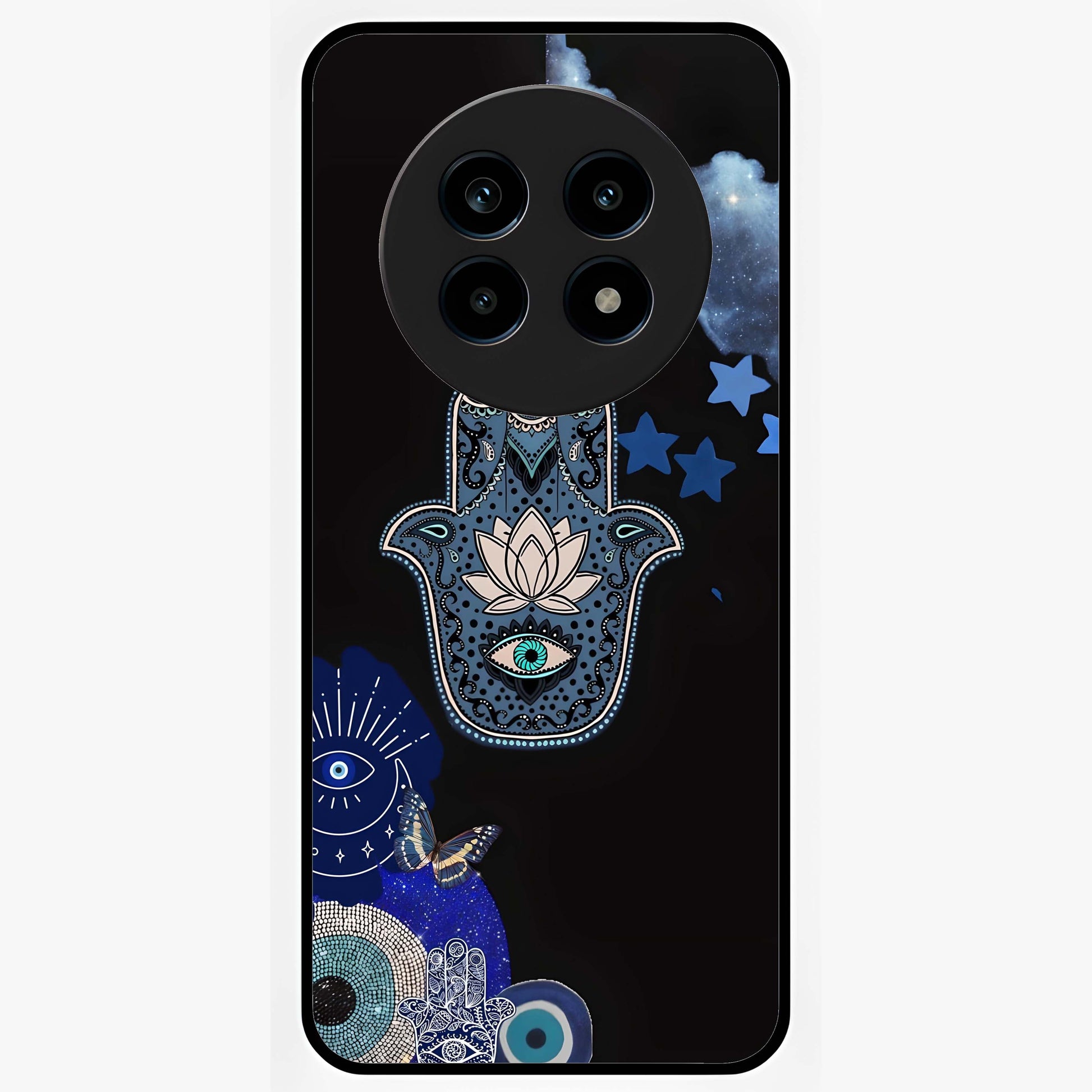 Mystic Hand Aura Glass Case showing flat back view with mystical hand symbol artwork and glossy glass finish.