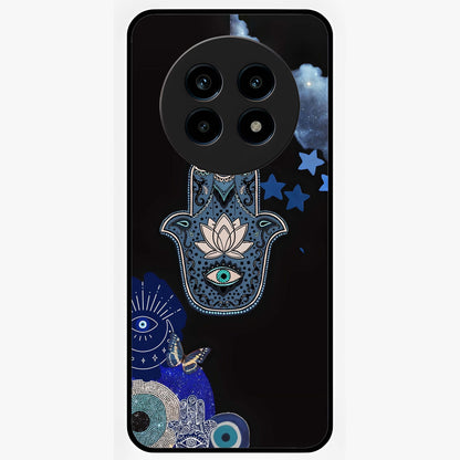 Mystic Hand Aura Glass Case showing flat back view with mystical hand symbol artwork and glossy glass finish.