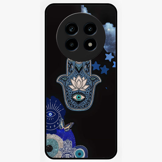 Mystic Hand Aura Glass Case showing flat back view with mystical hand symbol artwork and glossy glass finish.