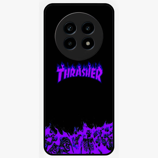 Neon Flame Riot Glass Case showing flat back view with neon flame artwork and glossy glass finish.