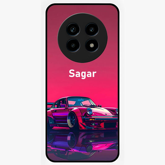 Neon Pink Porsche Glass Case showing flat back view with stylish sports car artwork and glossy glass finish.