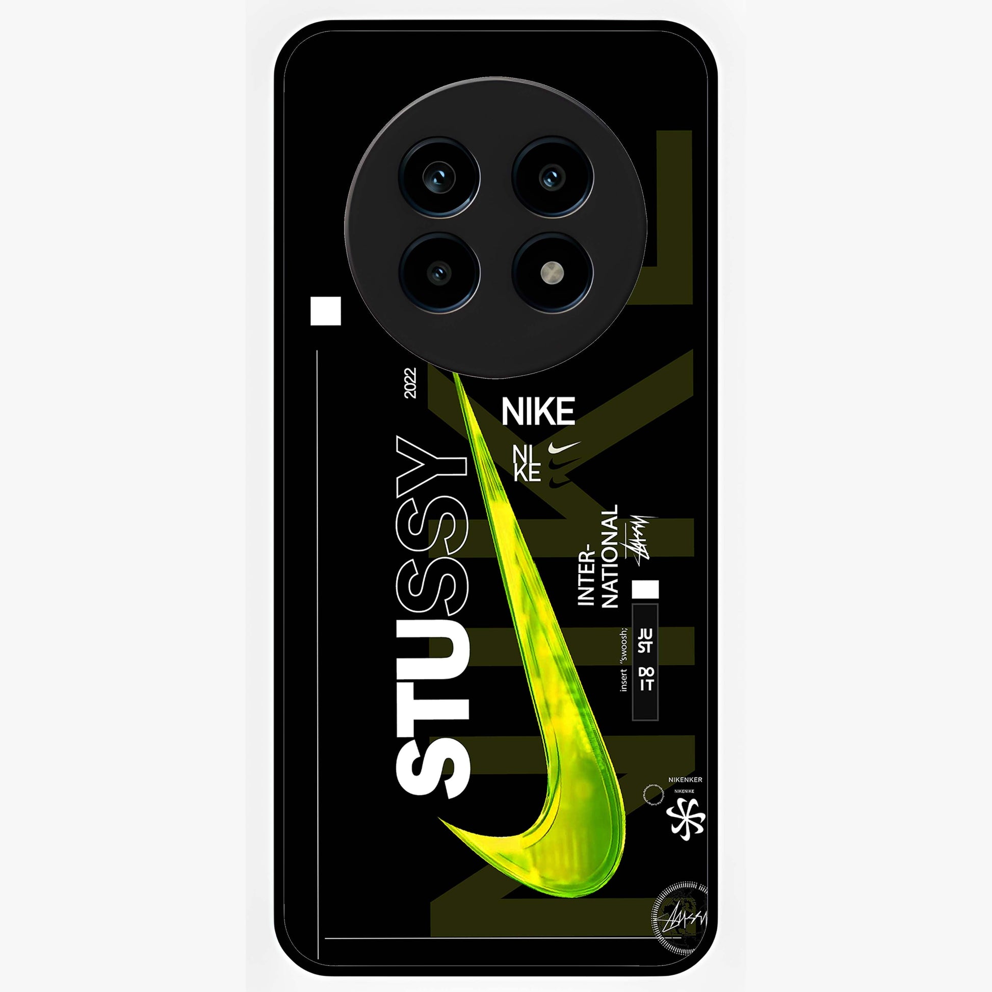 Neon Street Edition Glass Case showing flat back view with neon street style artwork and glossy glass finish.