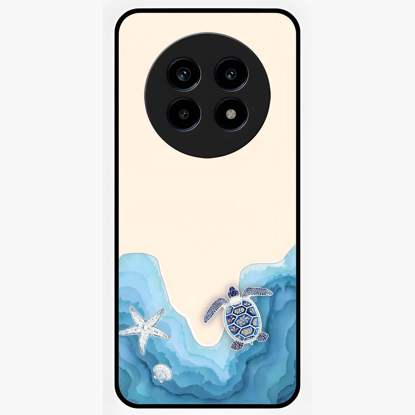 Ocean Drift Turtle Glass Case showing flat back view with sea turtle artwork and glossy glass finish.