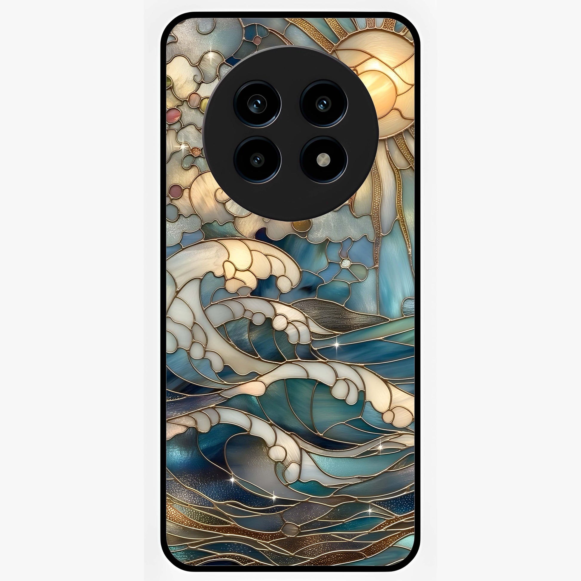 Oceanic Stained Printed Glass Case showing flat back view with ocean inspired stained pattern artwork and glossy glass finish.