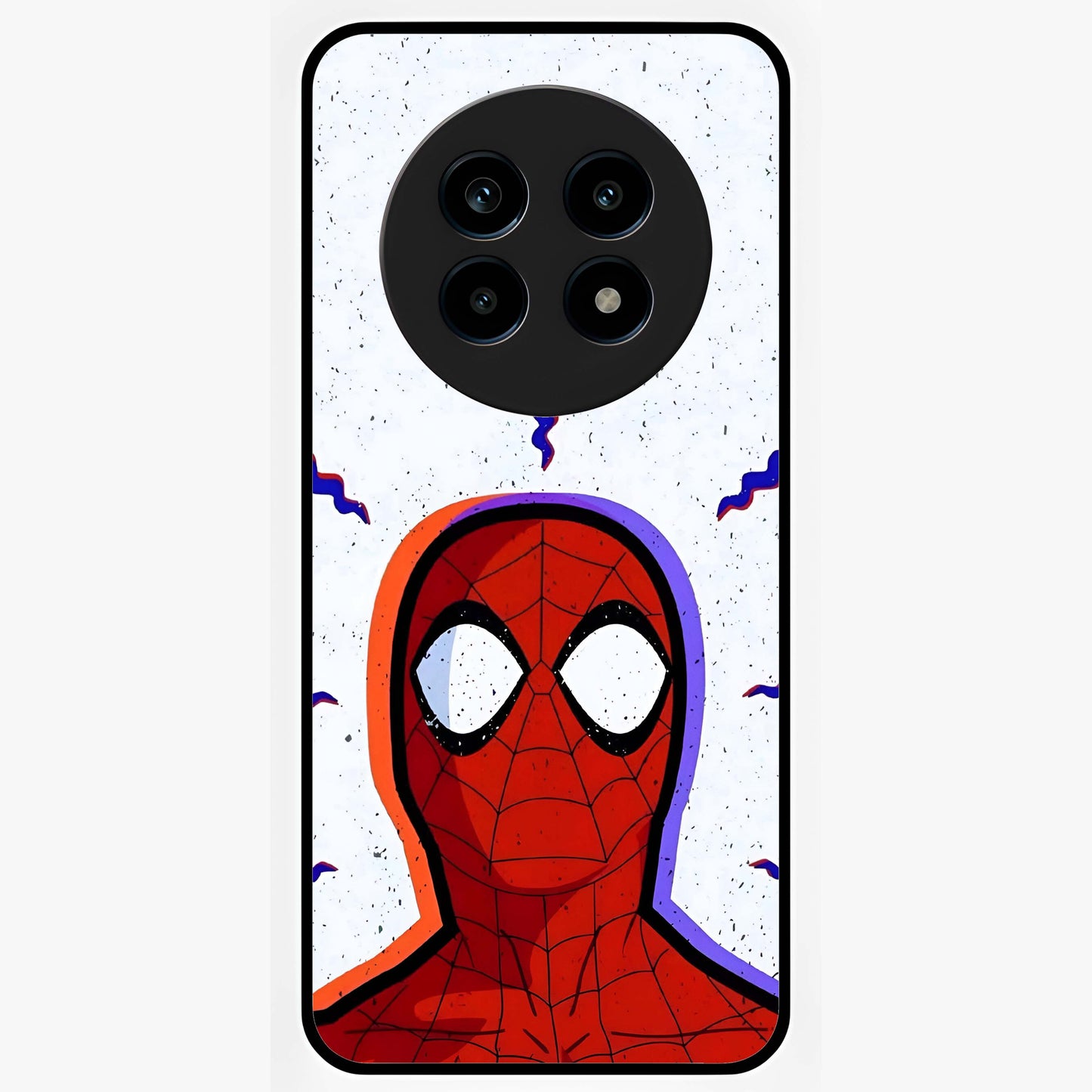 Omg Spiderman Glass Case showing flat back view with bold superhero inspired artwork and glossy glass finish.