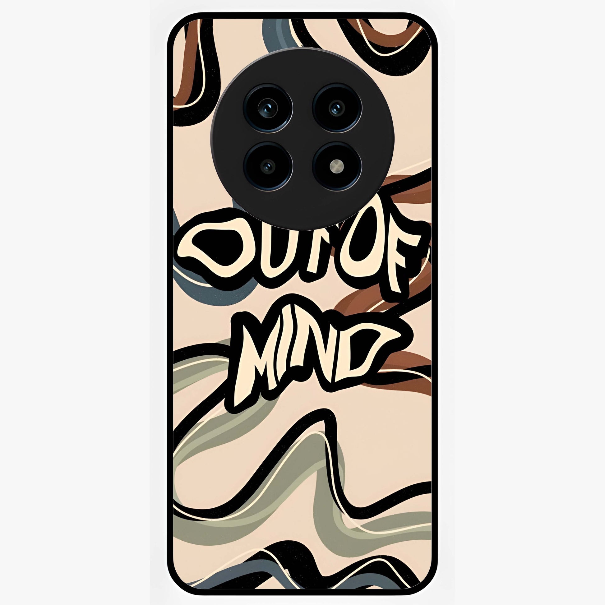 Out Of Mind Glass Case showing flat back view with expressive typography artwork and glossy glass finish.