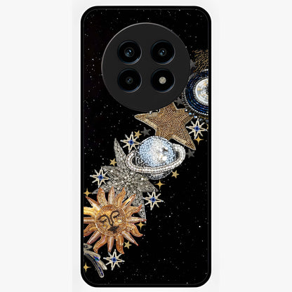 Pearls Universe Object Glass Case showing flat back view with pearl inspired cosmic artwork and glossy glass finish.