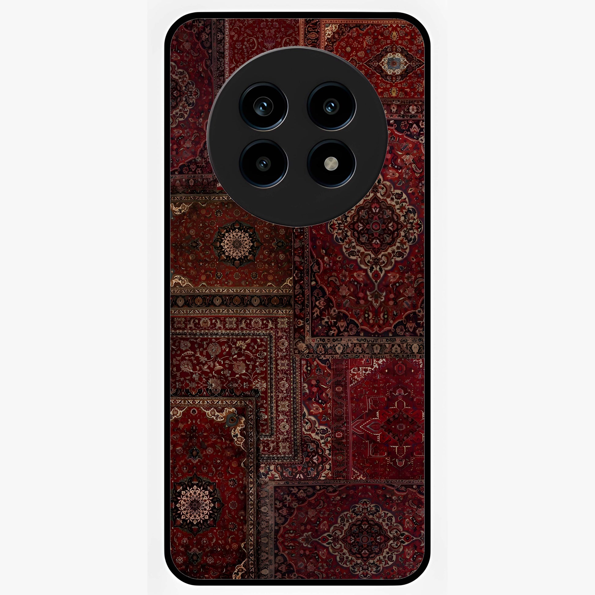 Persian Velvet Tale Glass Case showing flat back view with luxurious Persian velvet pattern artwork and glossy glass finish.