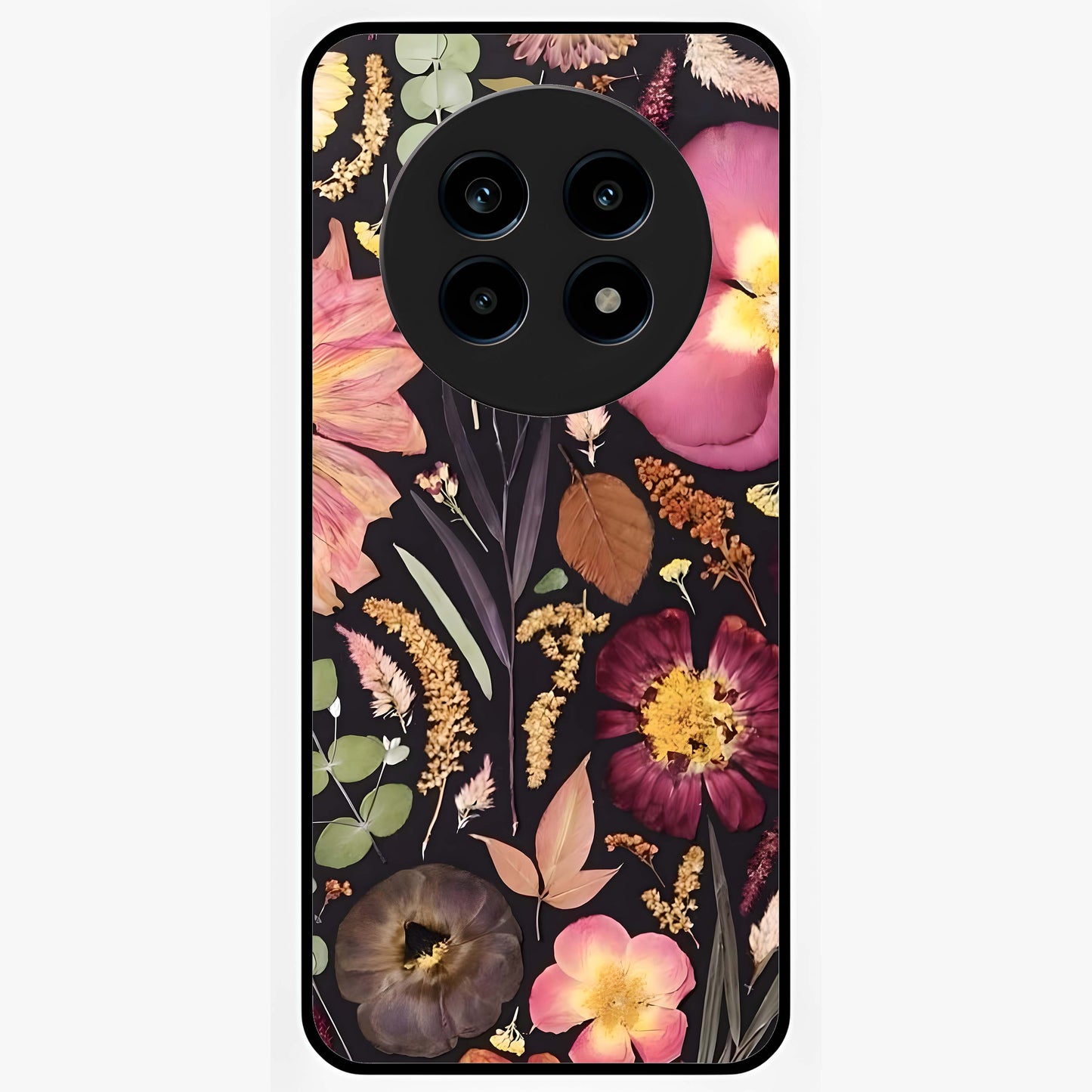 Petal Dream Tapestry Glass Case showing flat back view with intricate floral tapestry artwork and glossy glass finish.