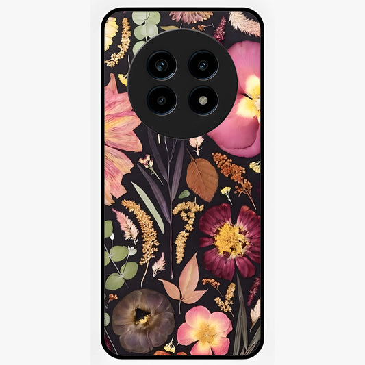 Petal Dream Tapestry Glass Case showing flat back view with intricate floral tapestry artwork and glossy glass finish.