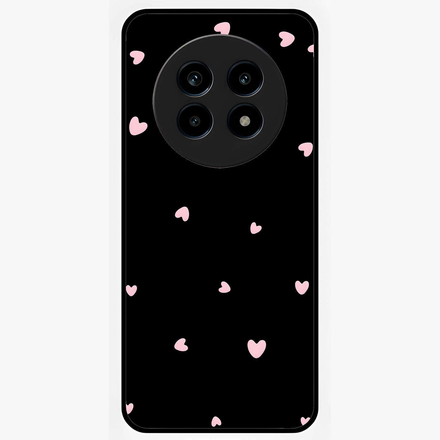 Pink Love Drops Glass Case showing flat back view with playful pink heart drops artwork and glossy glass finish.
