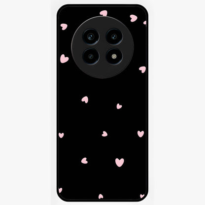 Pink Love Drops Glass Case showing flat back view with playful pink heart drops artwork and glossy glass finish.