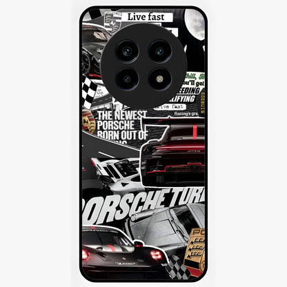 Porsche Racing Collage Glass Case showing flat back view with sports car racing collage artwork and glossy glass finish.