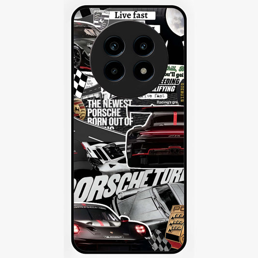 Porsche Racing Collage Glass Case showing flat back view with sports car racing collage artwork and glossy glass finish.