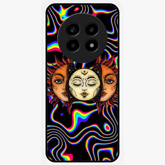Psychedelic Sun Glass Case showing flat back view with colorful psychedelic sun artwork and glossy glass finish.