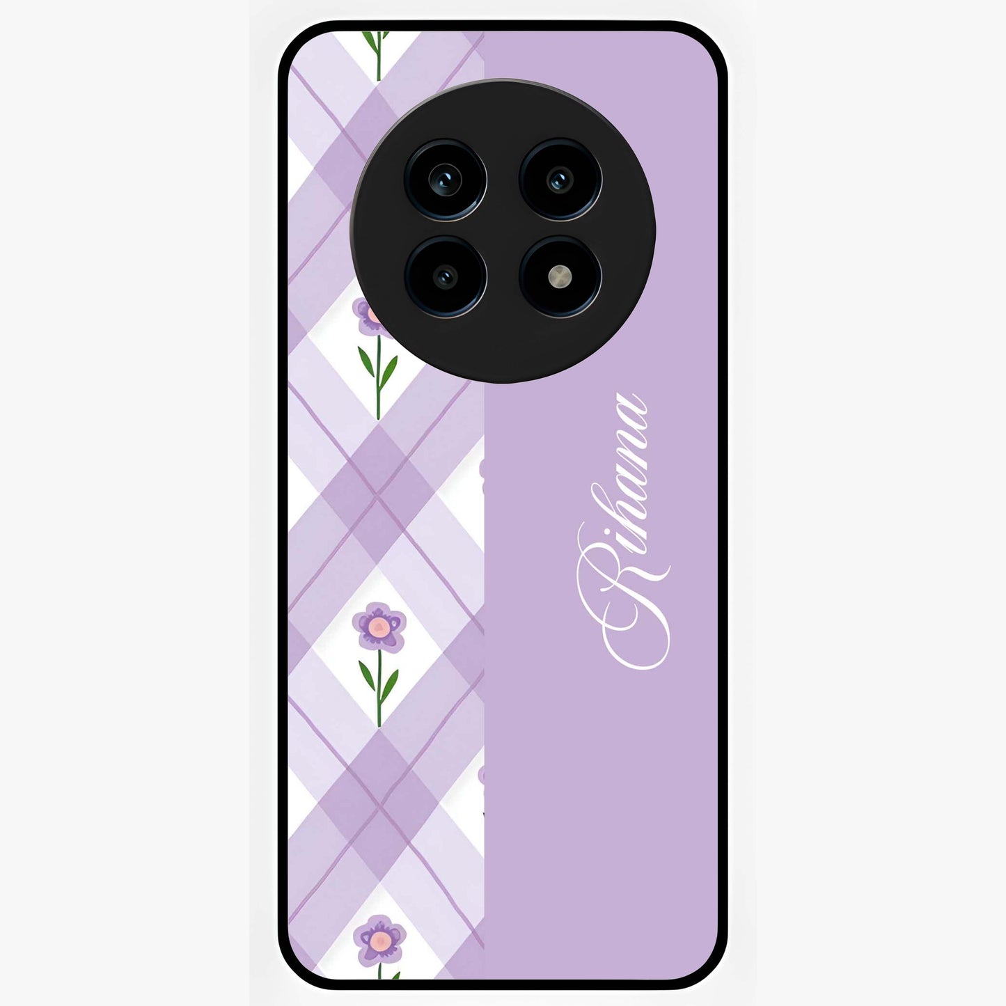 Purple Diamond Floral Glass Case showing flat back view with diamond shaped floral artwork and glossy glass finish.
