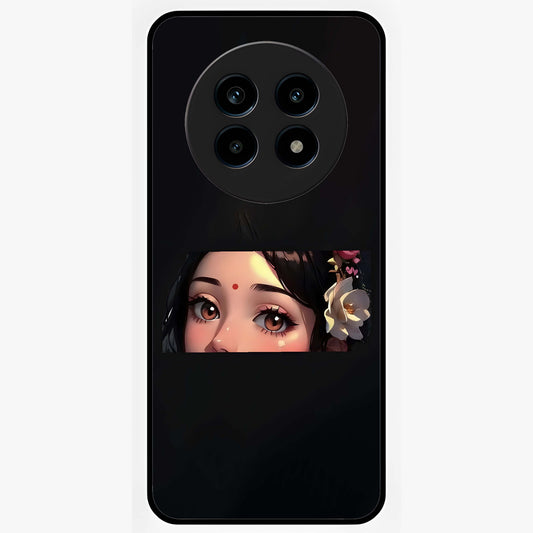 Radha Divine Embrace Glass Case showing flat back view with devotional Radha artwork and glossy glass finish.