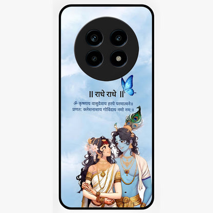Radha Krishna Eternal Glass Case showing flat back view with Radha Krishna devotional artwork and glossy glass finish.