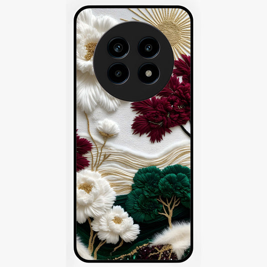 Radiant Bloom Elegance Glass Case showing flat back view with elegant blooming flower artwork and glossy glass finish.