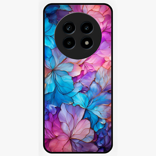 Radiant Floral Whirl Glass Case showing flat back view with swirling floral artwork and glossy glass finish.