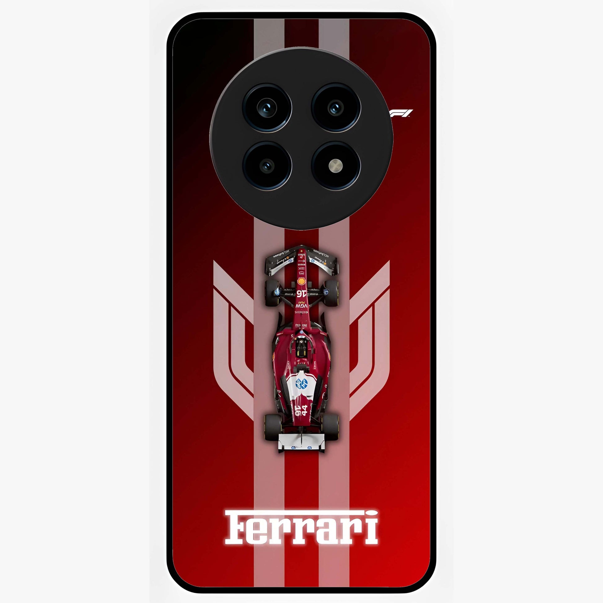 Red Ferrari F1 Vertical Glass Case showing flat back view with sleek Formula racing car artwork and glossy glass finish.