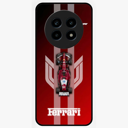Red Ferrari F1 Vertical Glass Case showing flat back view with sleek Formula racing car artwork and glossy glass finish.