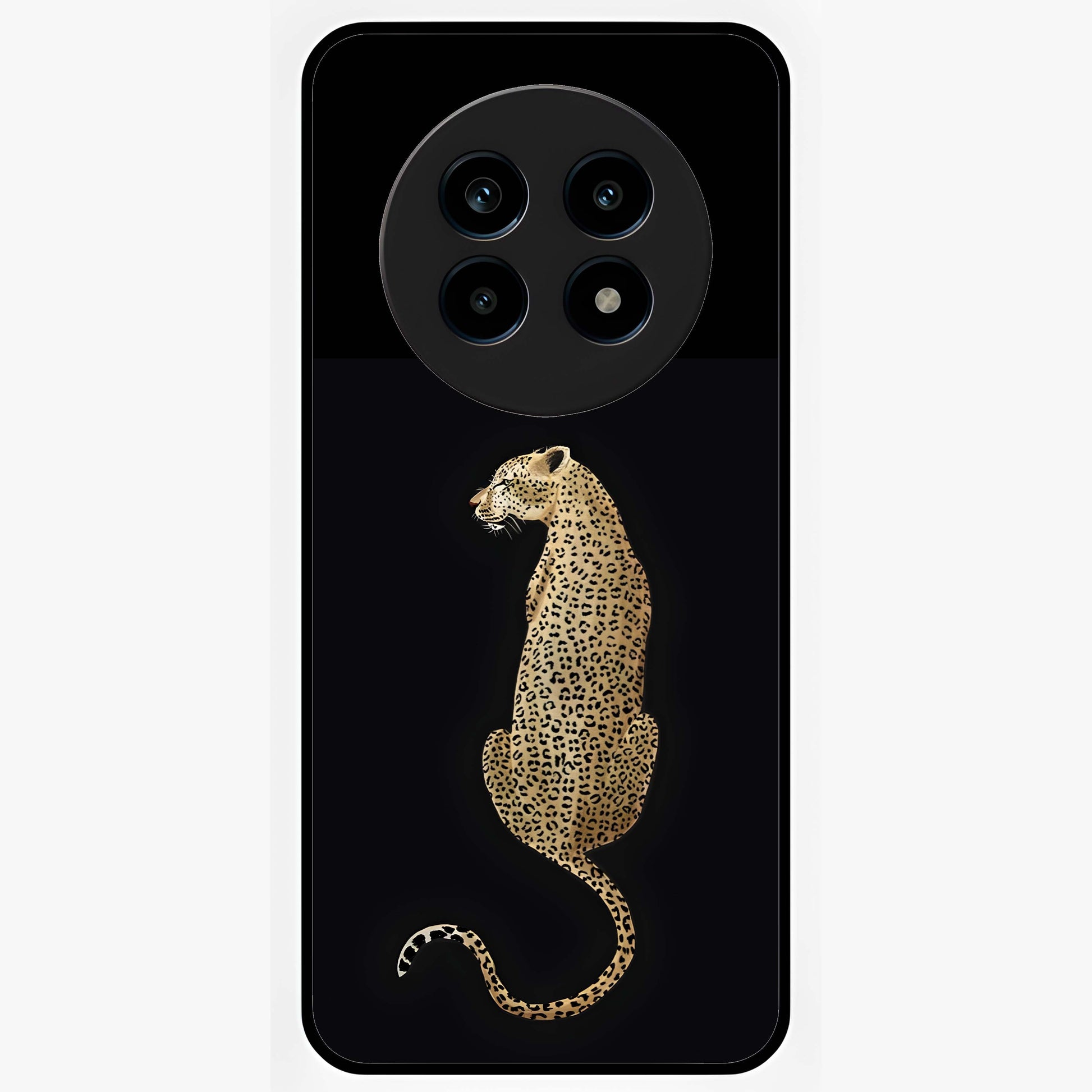 Regal Leopard Glass Case showing flat back view with bold leopard artwork and glossy glass finish.